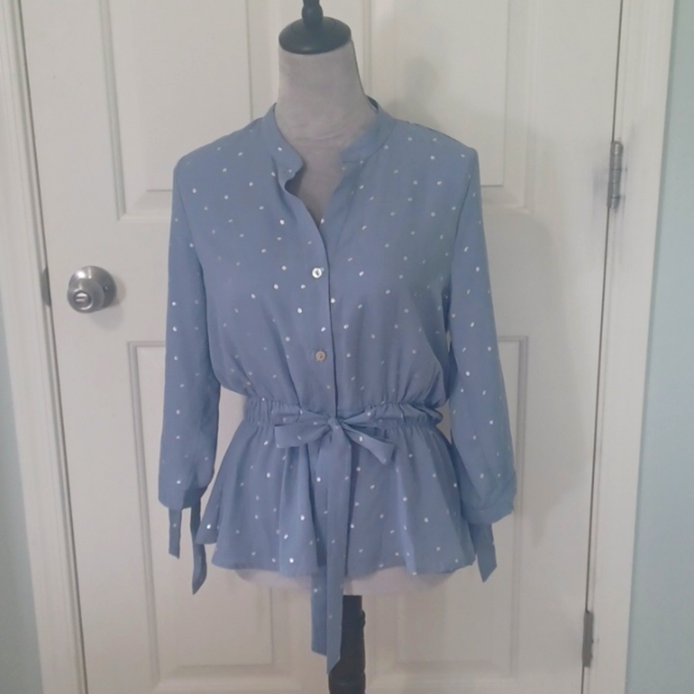 Sweet Rain periwinkle top with silver polkadot like detail, v-neck button,